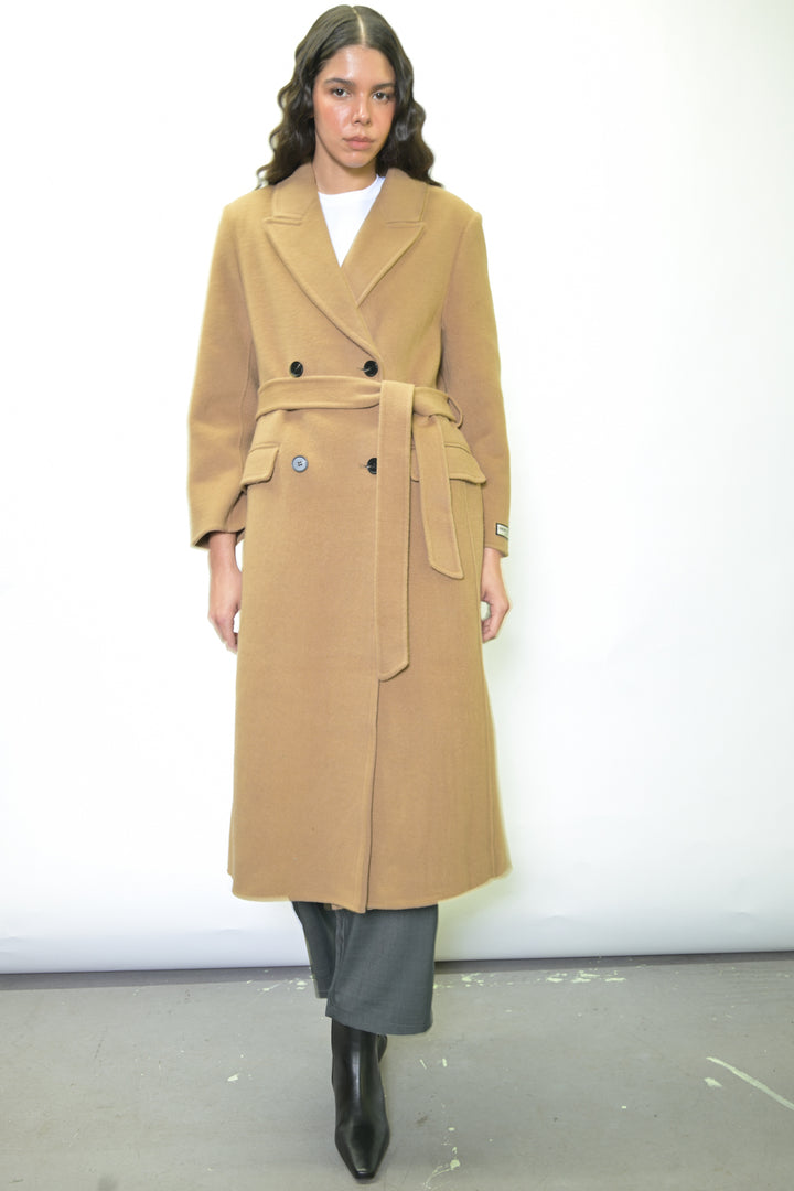 100% Merino Wool Camel Tailored Belted Coat
