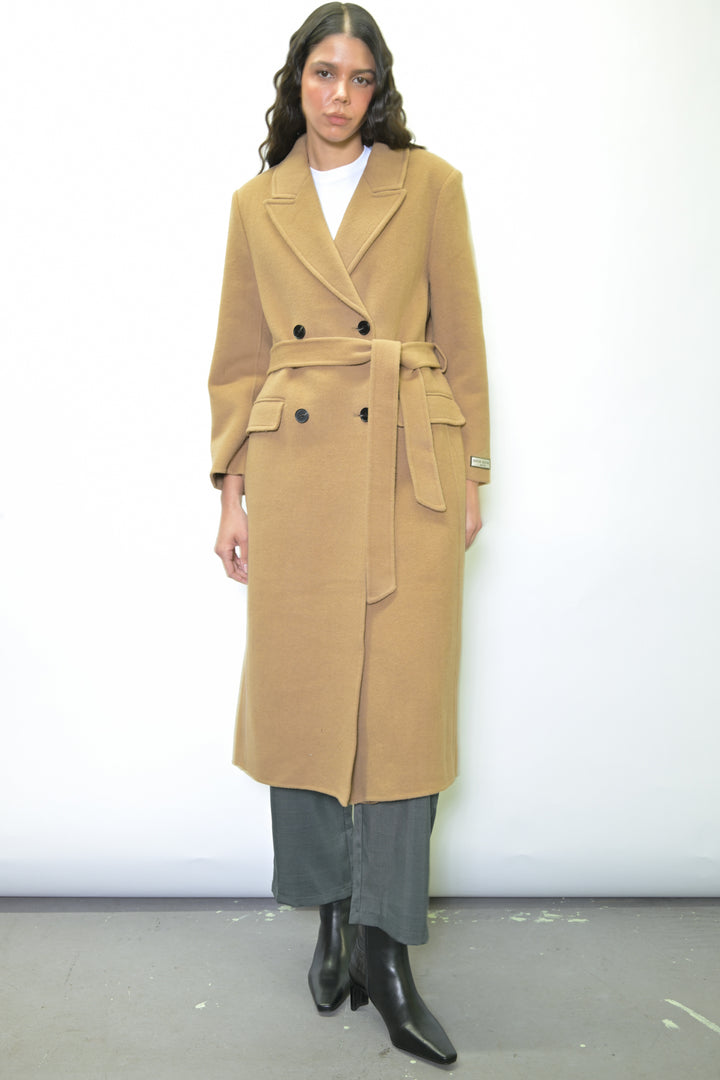 100% Merino Wool Camel Tailored Belted Coat