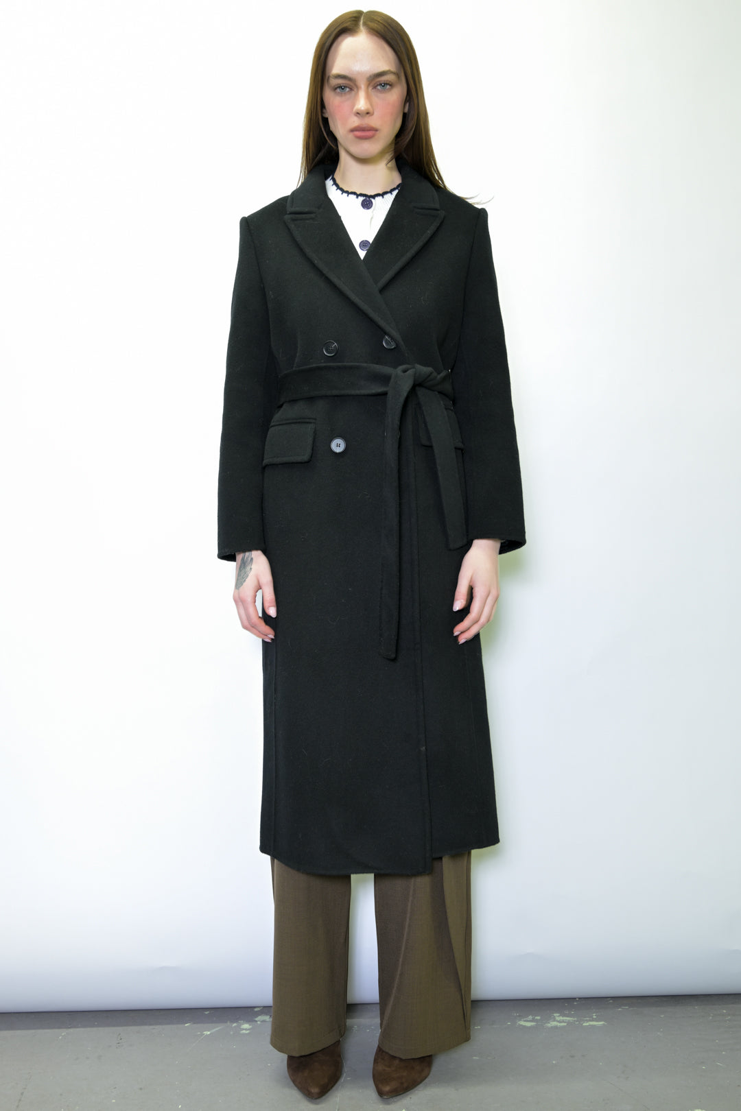 100% Merino Wool Black Tailored Belted Coat