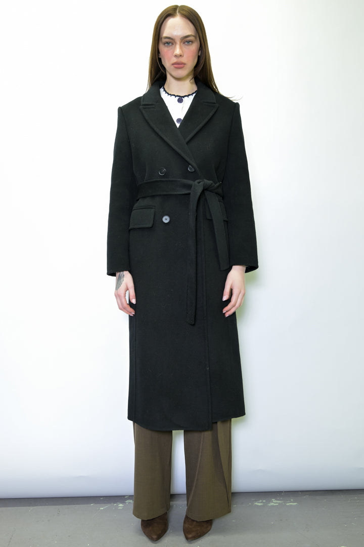 100% Merino Wool Black Tailored Belted Coat