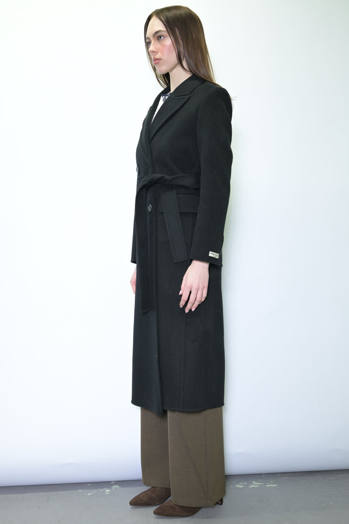 100% Merino Wool Black Tailored Belted Coat