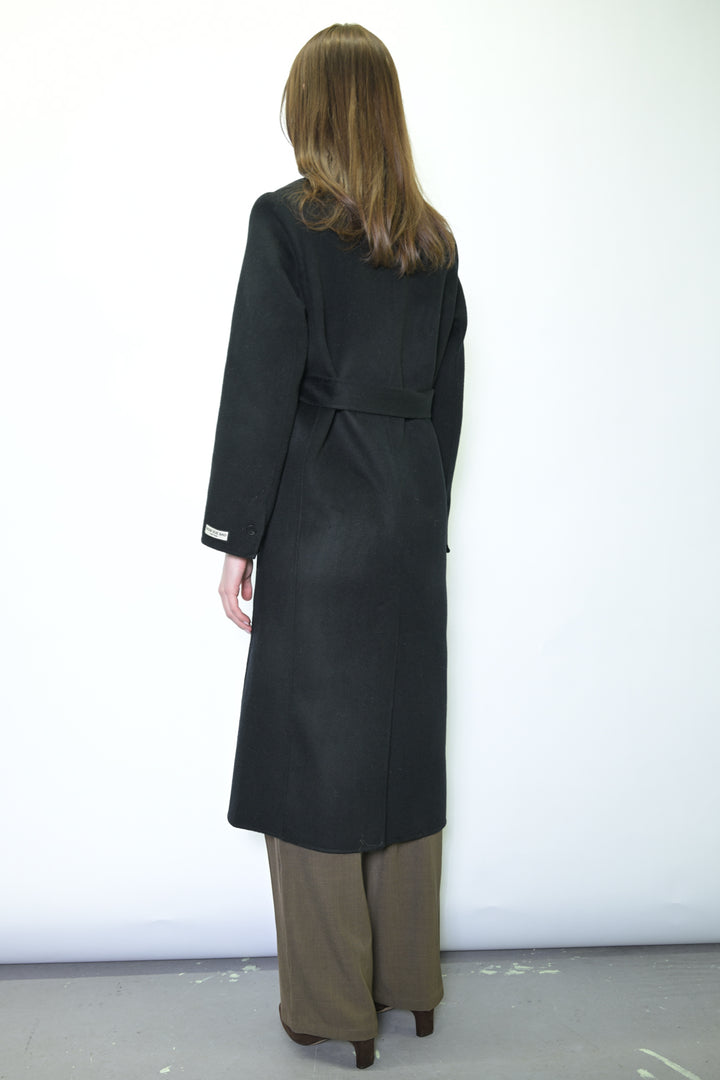 100% Merino Wool Black Tailored Belted Coat