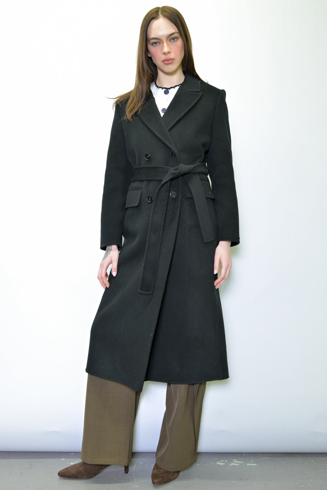 100% Merino Wool Black Tailored Belted Coat