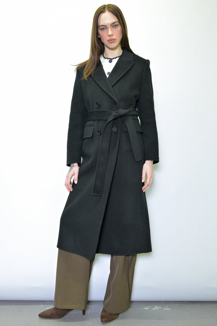100% Merino Wool Black Tailored Belted Coat