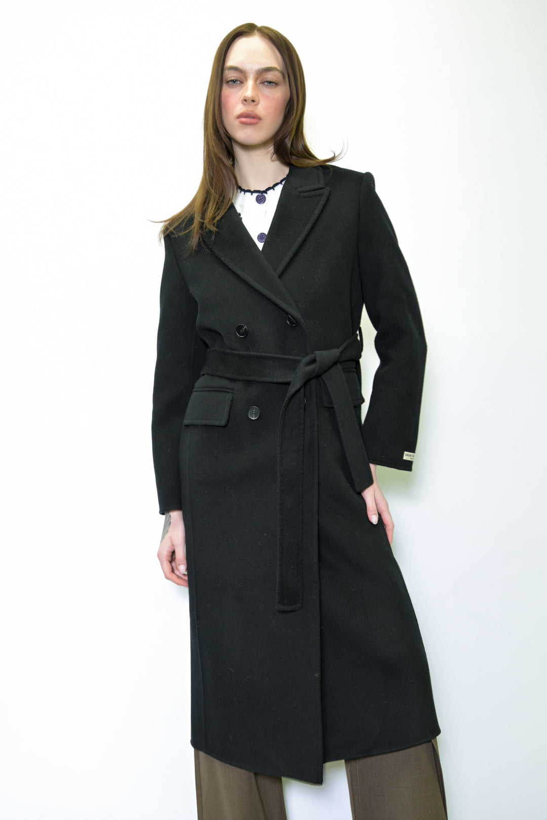 100% Merino Wool Black Tailored Belted Coat
