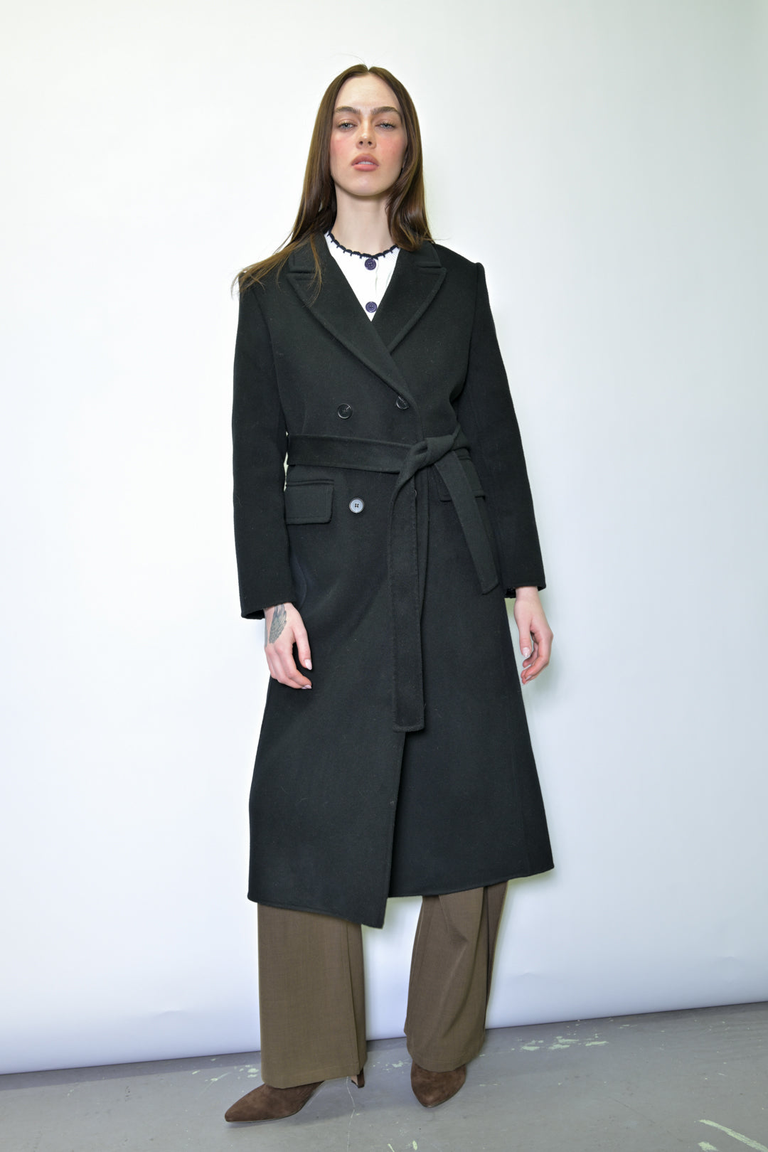 100% Merino Wool Black Tailored Belted Coat