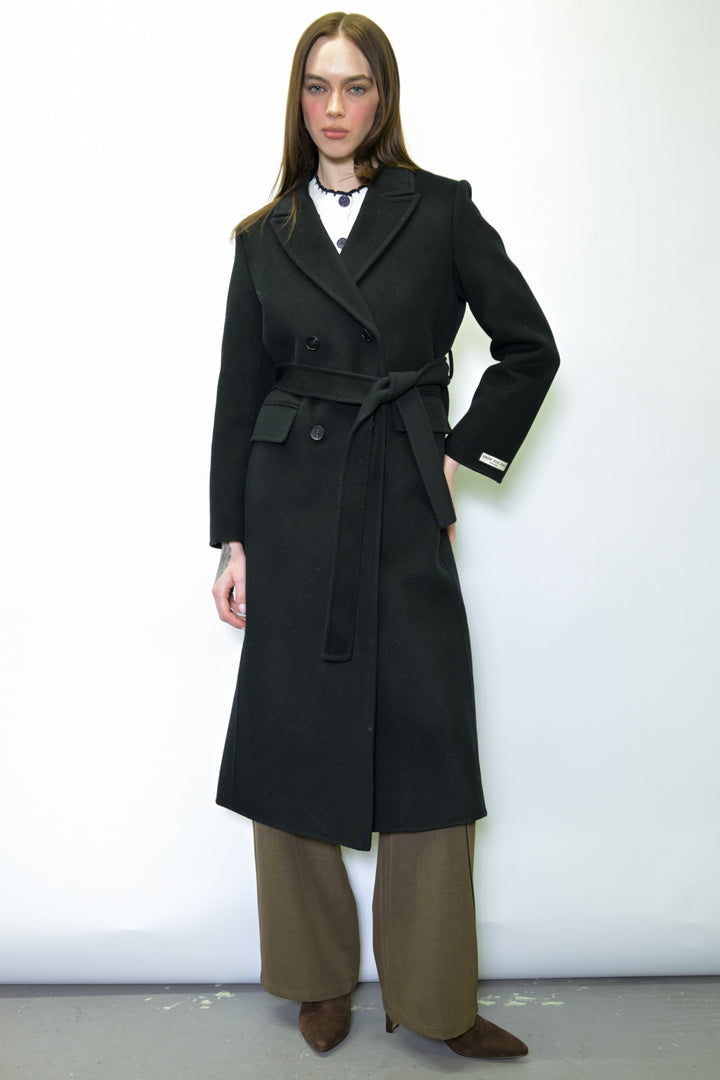 100% Merino Wool Black Tailored Belted Coat