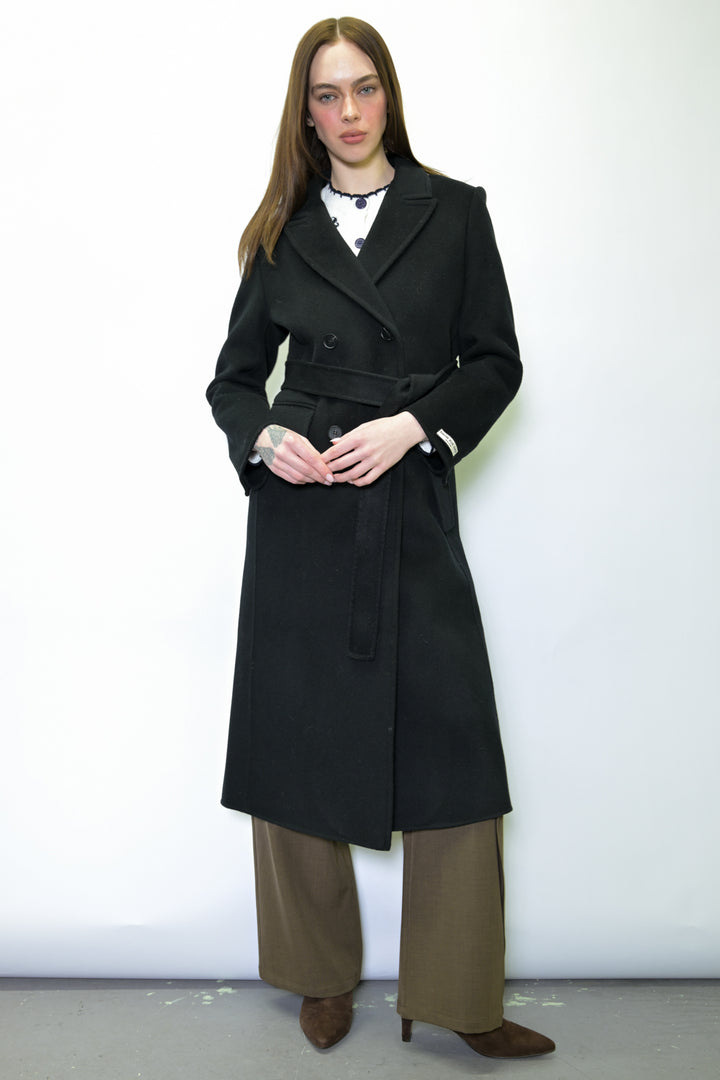 100% Merino Wool Black Tailored Belted Coat