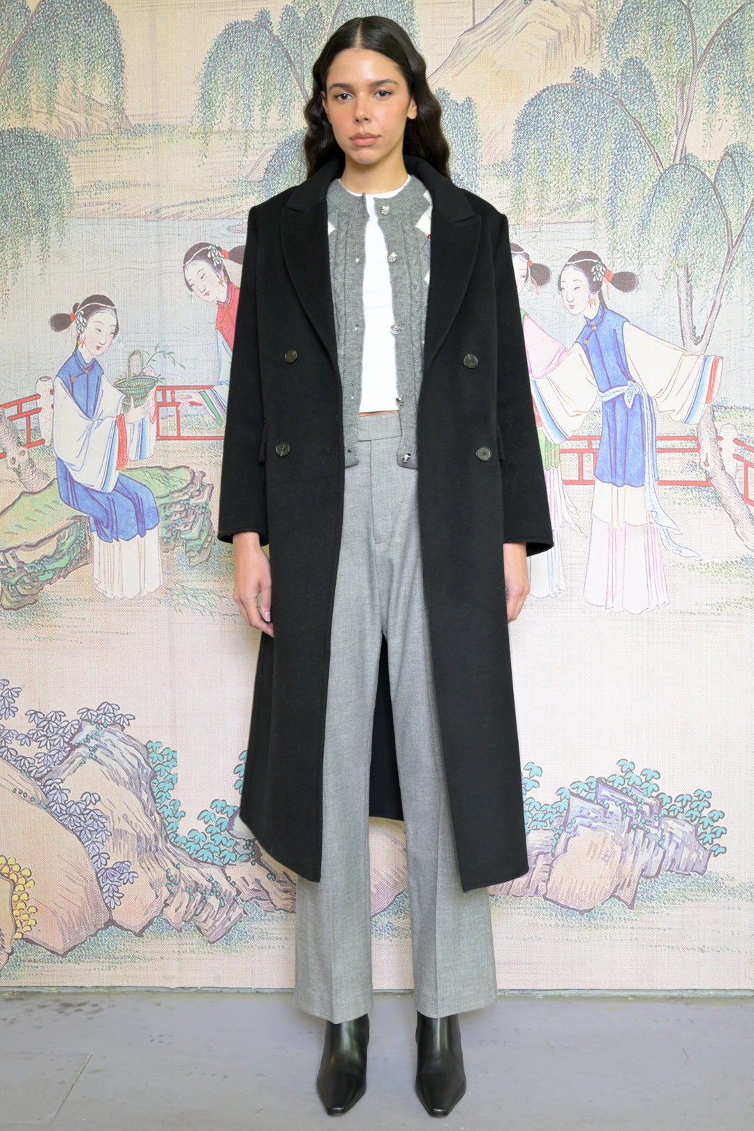 100% Merino Wool Black Tailored Belted Coat