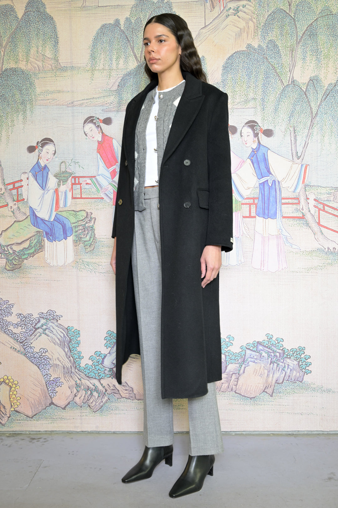 100% Merino Wool Black Tailored Belted Coat