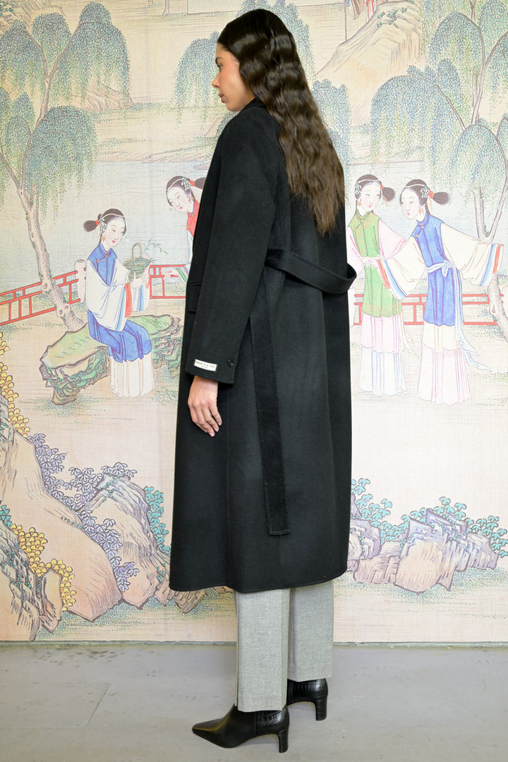 100% Merino Wool Black Tailored Belted Coat