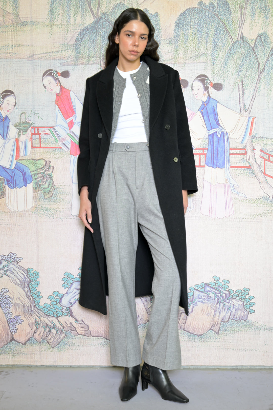 100% Merino Wool Black Tailored Belted Coat