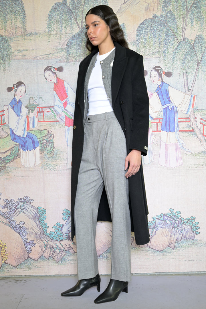 100% Merino Wool Black Tailored Belted Coat