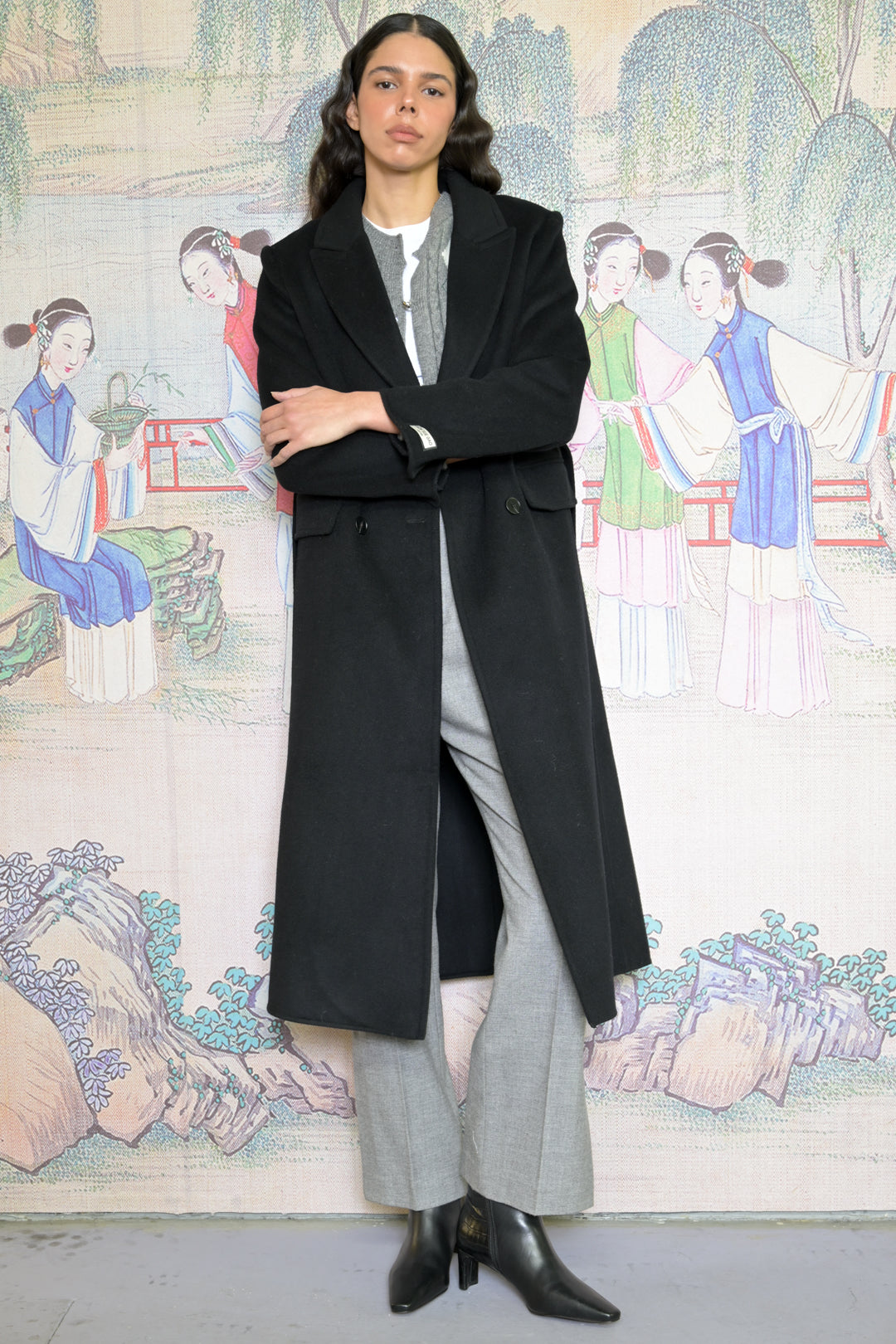 100% Merino Wool Black Tailored Belted Coat