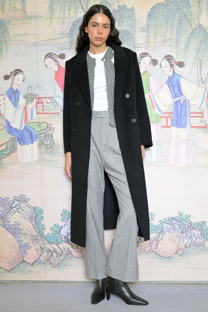 100% Merino Wool Black Tailored Belted Coat