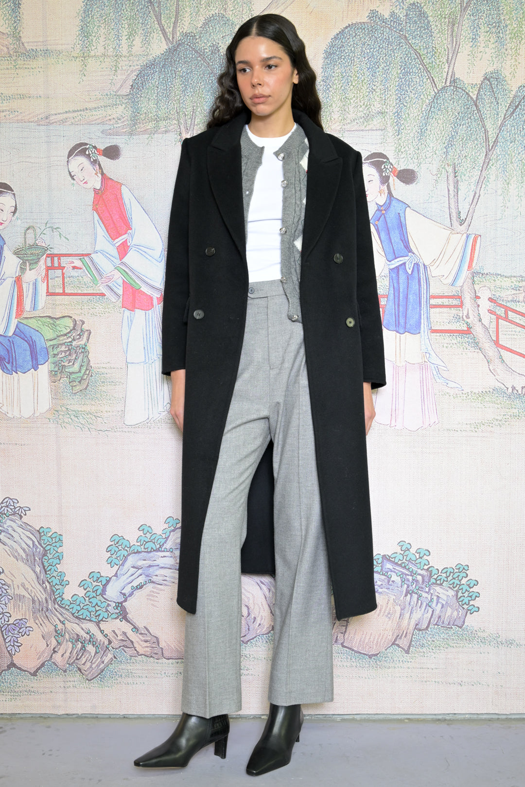 100% Merino Wool Black Tailored Belted Coat