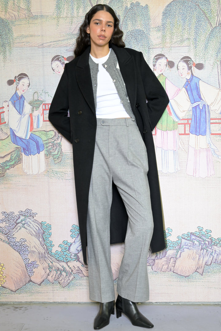 100% Merino Wool Black Tailored Belted Coat