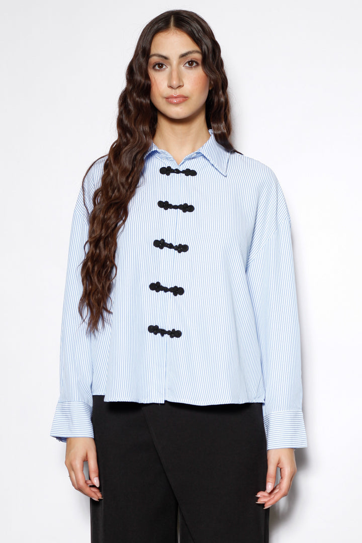 Blue Stripe Cotton Relaxed Fit Frog Closure Shirt