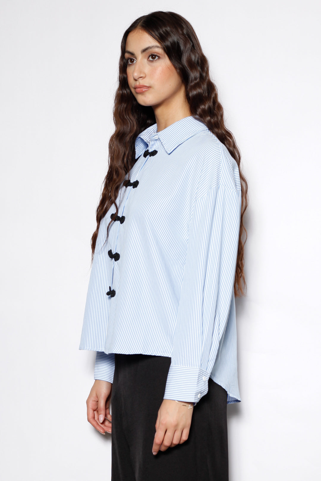 Blue Stripe Cotton Relaxed Fit Frog Closure Shirt