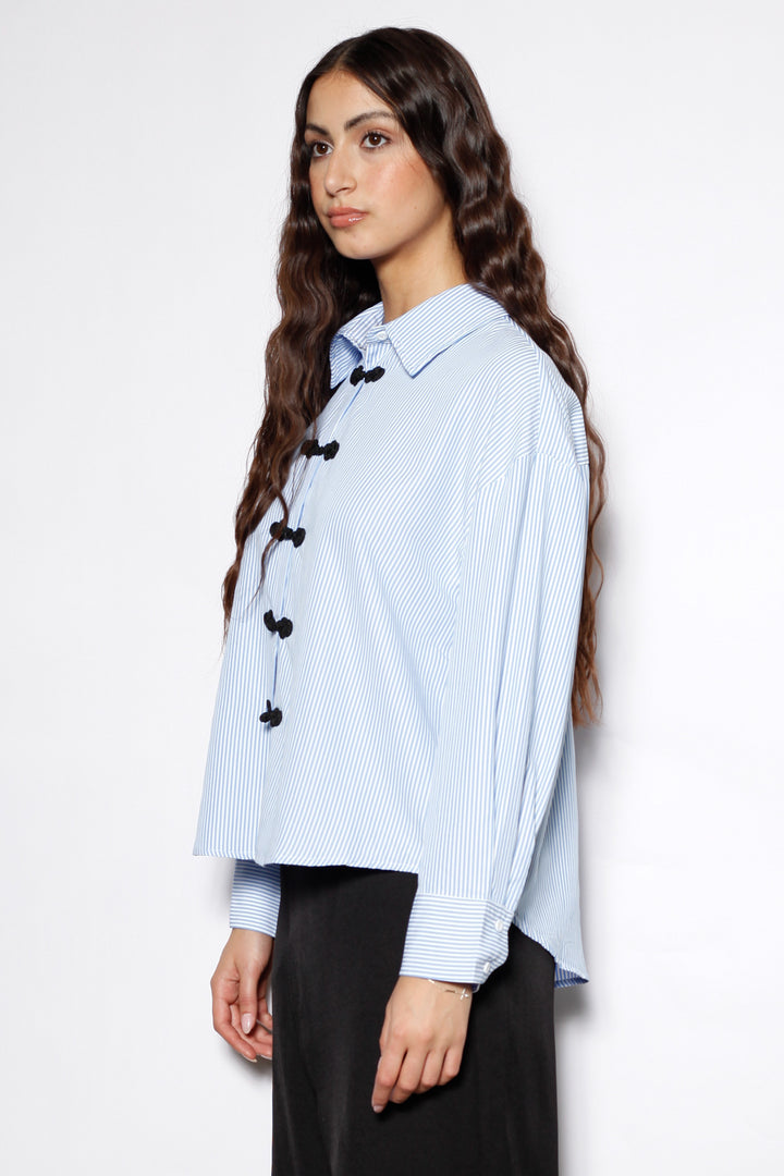 Blue Stripe Cotton Relaxed Fit Frog Closure Shirt