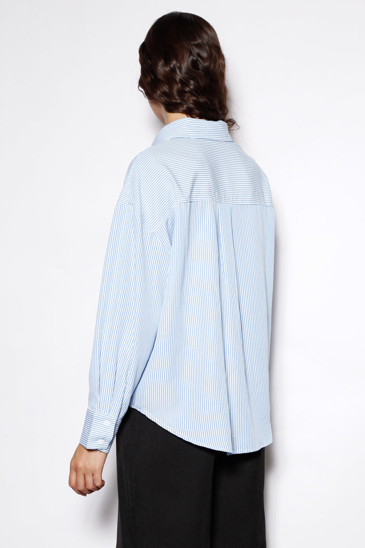Blue Stripe Cotton Relaxed Fit Frog Closure Shirt