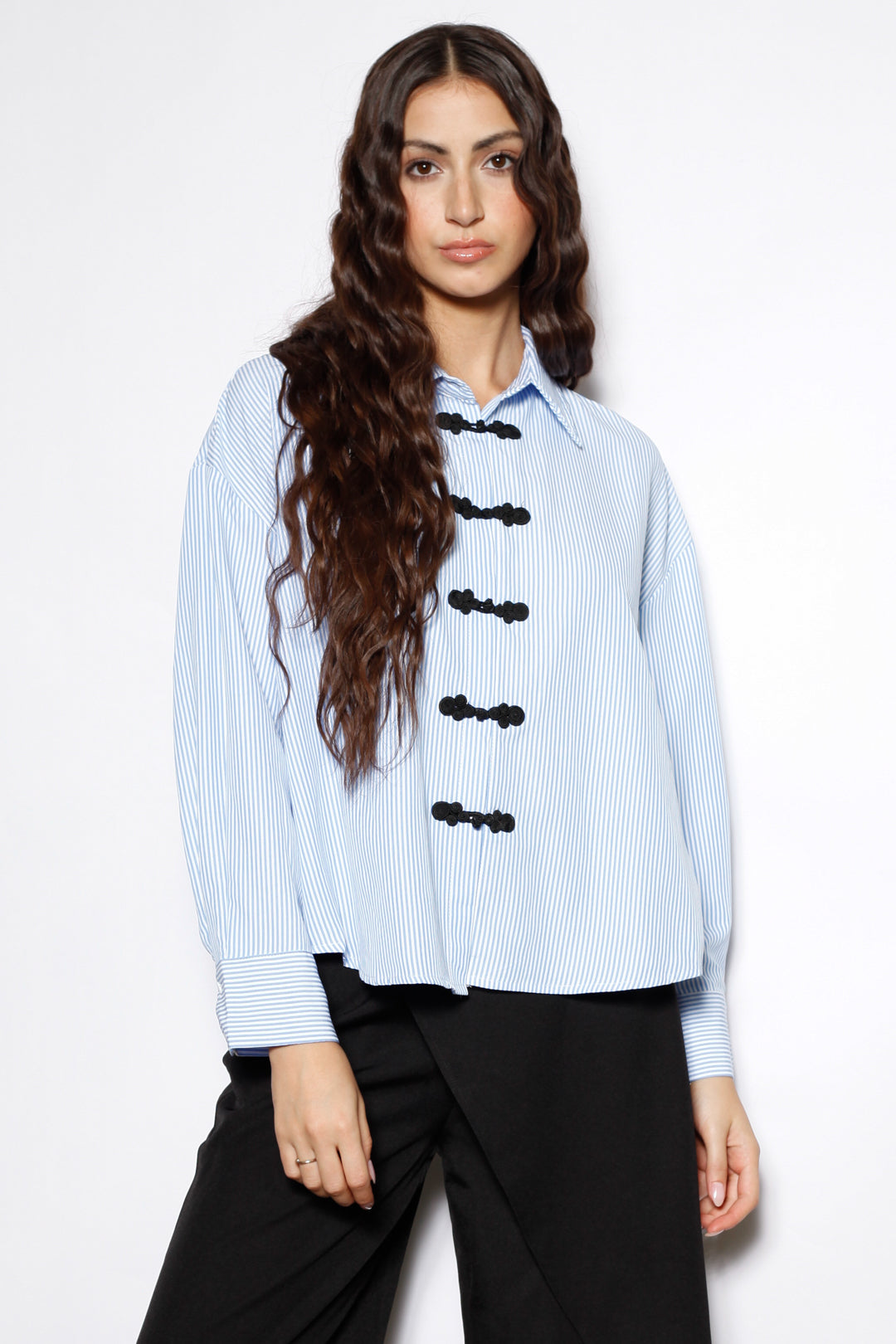 Blue Stripe Cotton Relaxed Fit Frog Closure Shirt