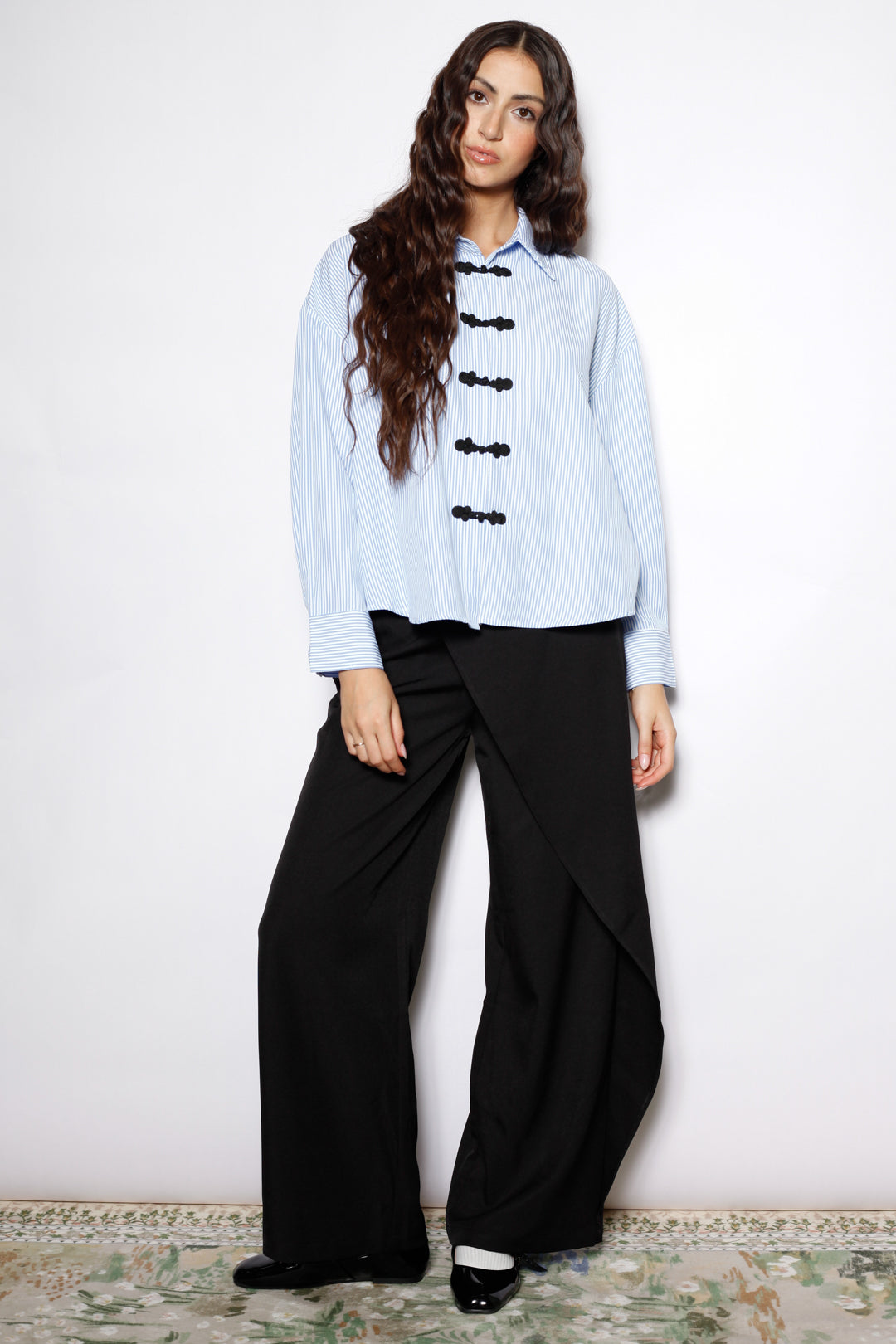 Blue Stripe Cotton Relaxed Fit Frog Closure Shirt
