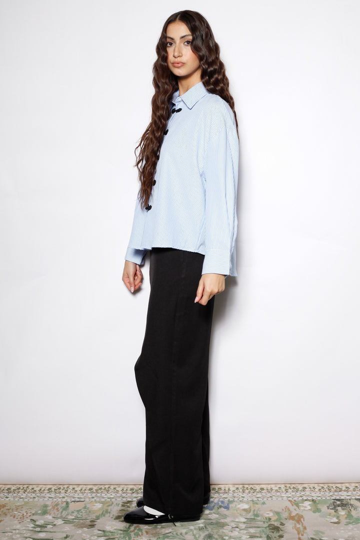 Blue Stripe Cotton Relaxed Fit Frog Closure Shirt