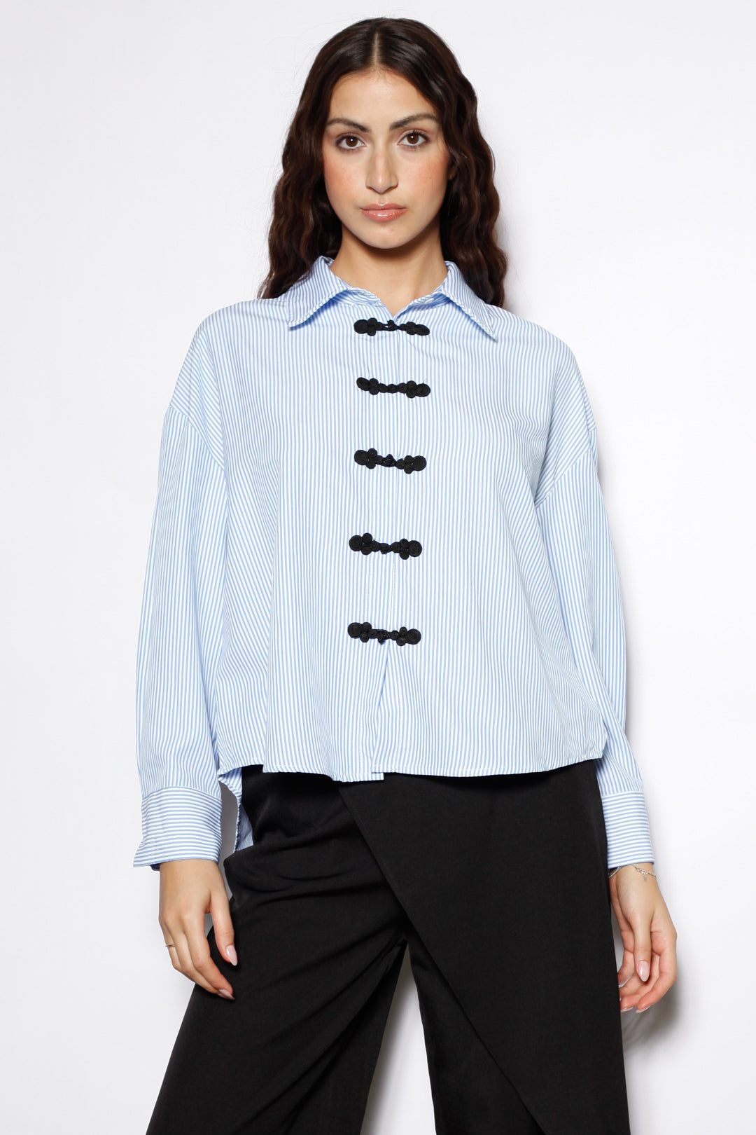 Blue Stripe Cotton Relaxed Fit Frog Closure Shirt