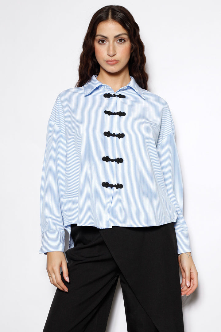 Blue Stripe Cotton Relaxed Fit Frog Closure Shirt