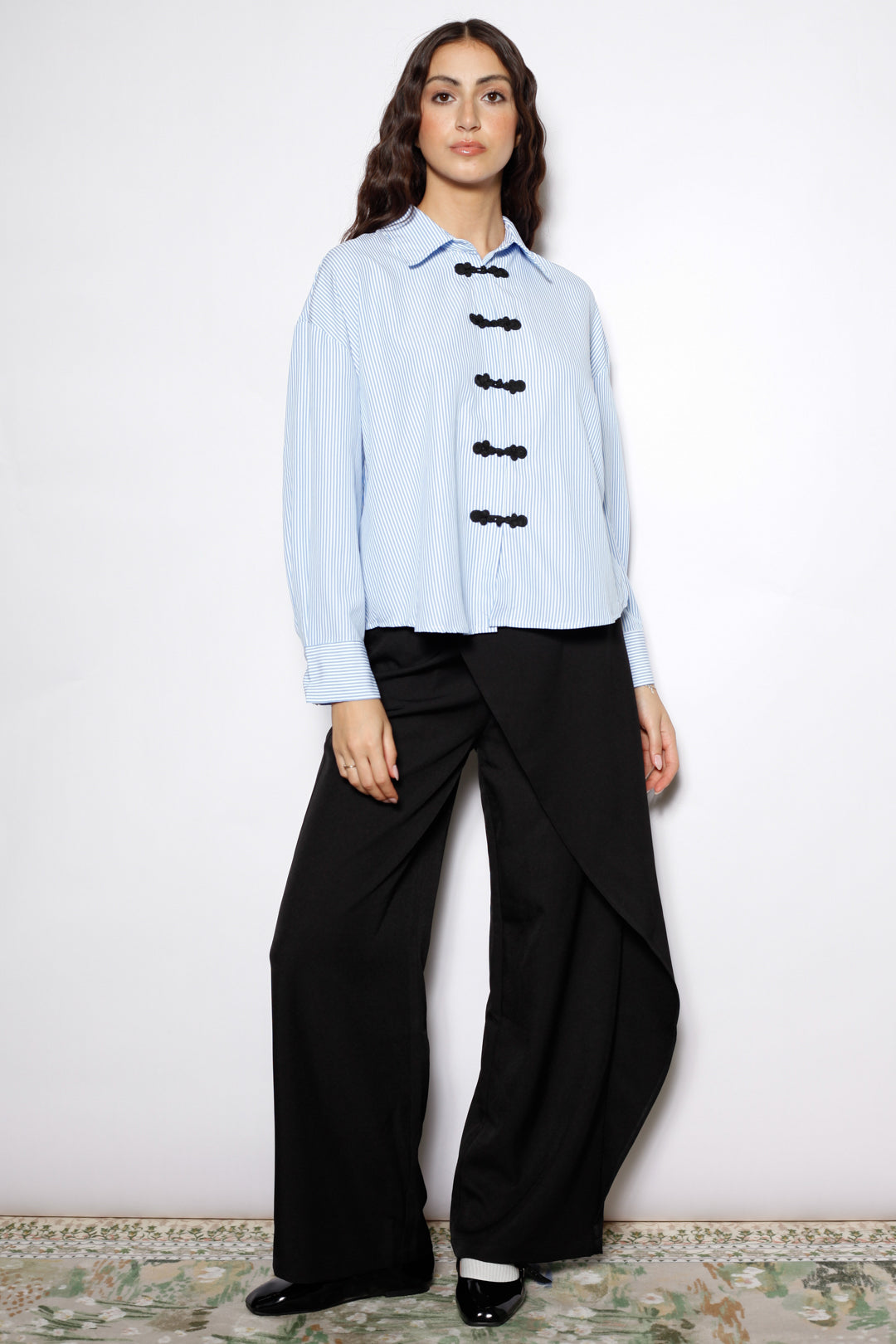 Blue Stripe Cotton Relaxed Fit Frog Closure Shirt