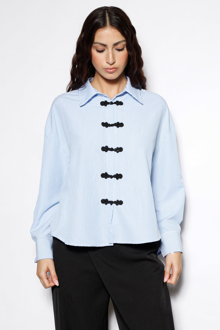 Blue Stripe Cotton Relaxed Fit Frog Closure Shirt