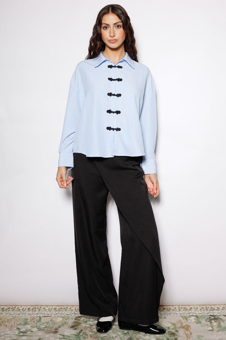 Blue Stripe Cotton Relaxed Fit Frog Closure Shirt