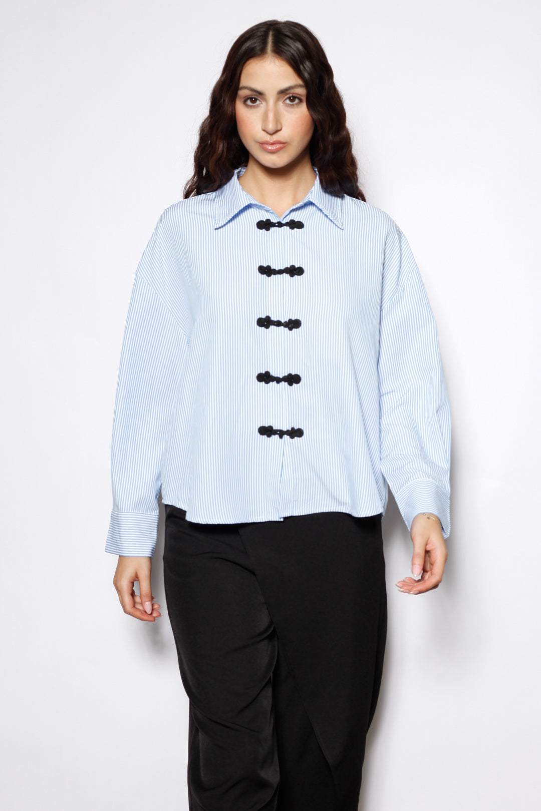 Blue Stripe Cotton Relaxed Fit Frog Closure Shirt