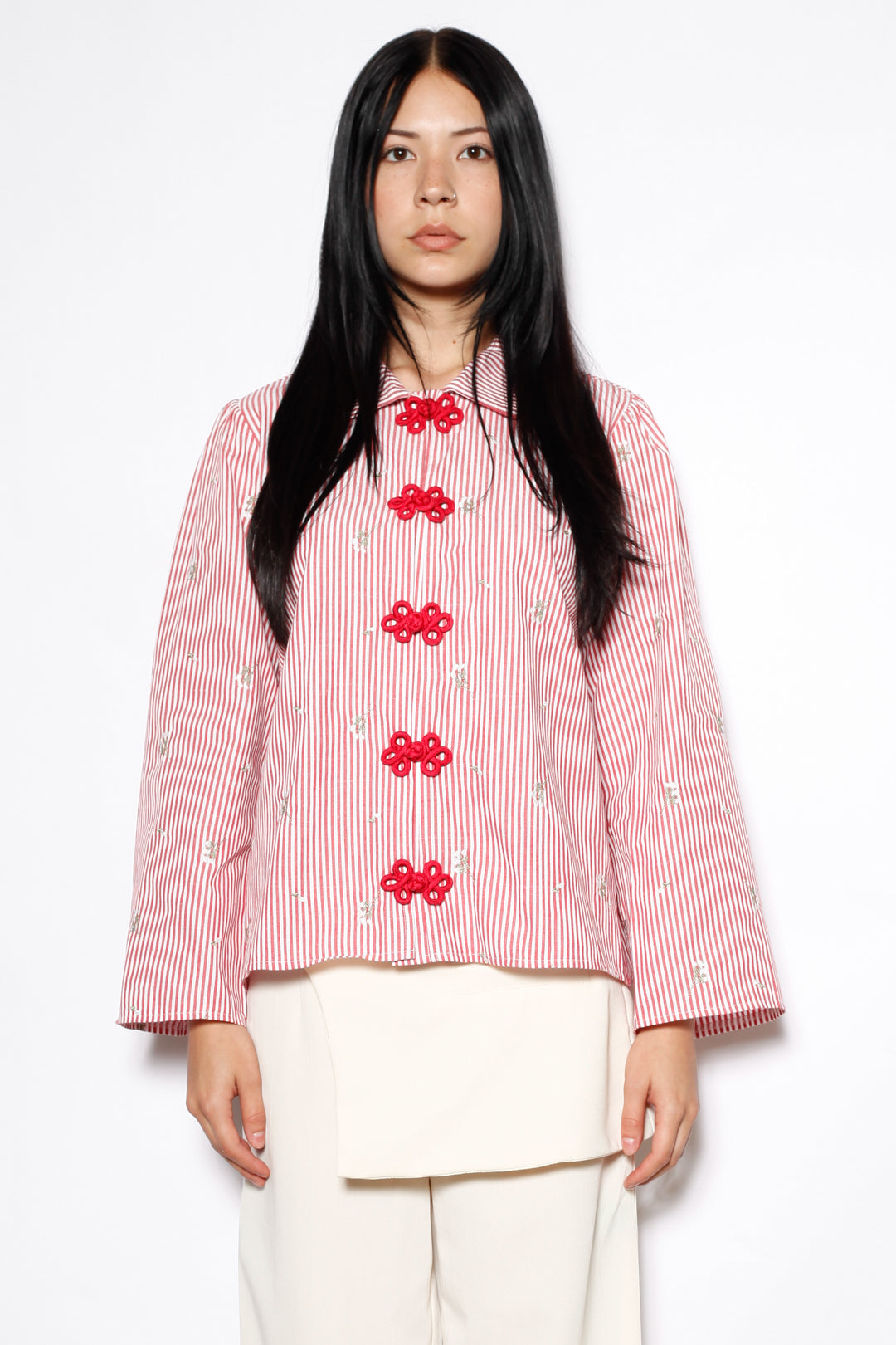 Red Stripe Embroidered Cotton Frog Closure Shirt