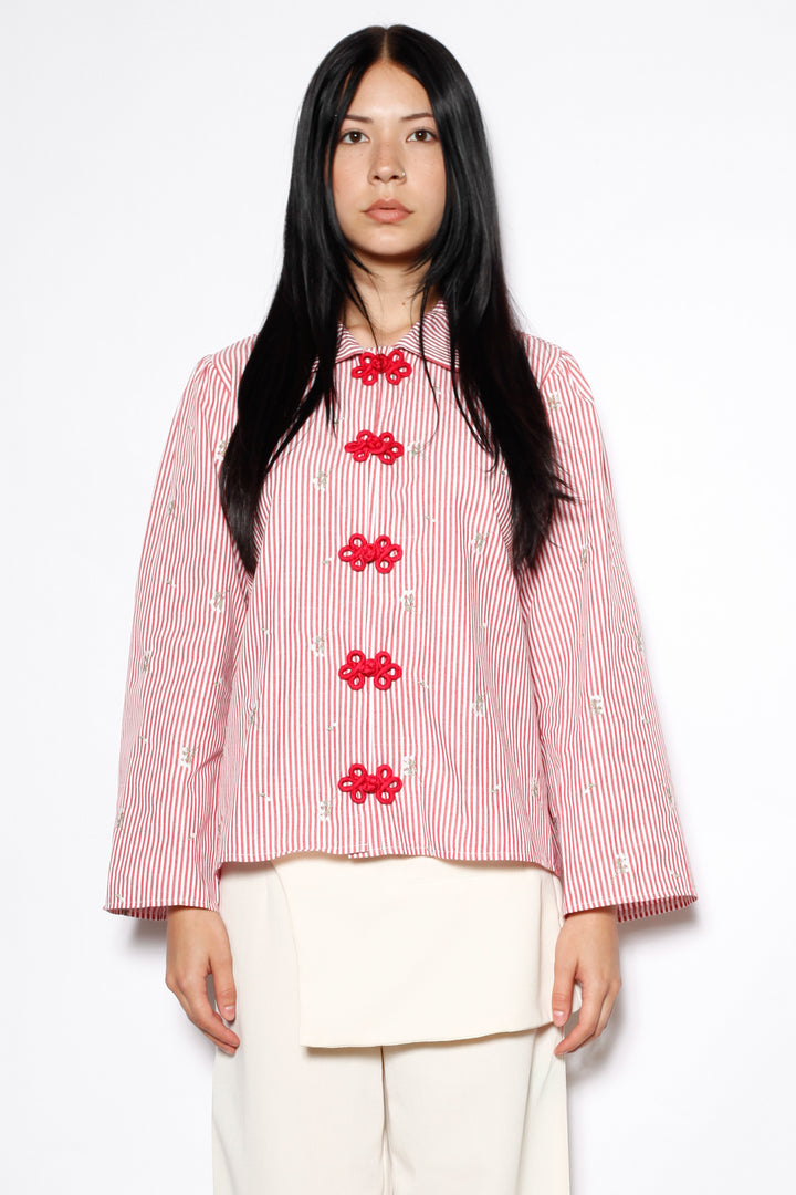 Red Stripe Embroidered Cotton Frog Closure Shirt