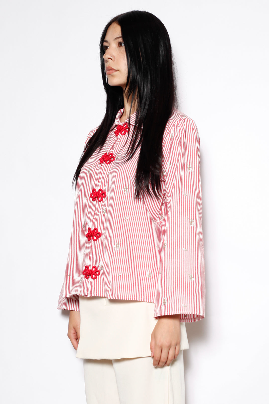 Red Stripe Embroidered Cotton Frog Closure Shirt