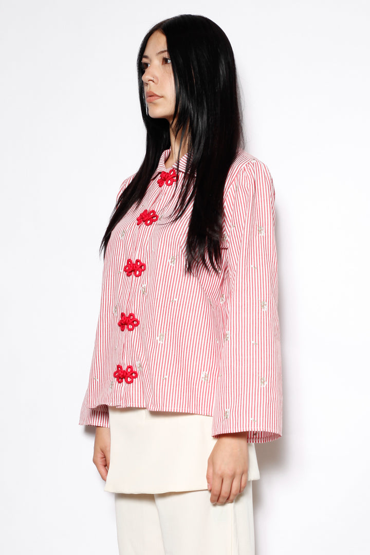 Red Stripe Embroidered Cotton Frog Closure Shirt