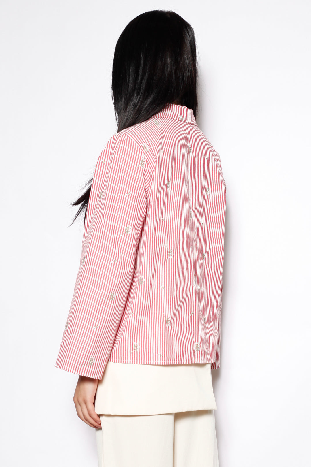 Red Stripe Embroidered Cotton Frog Closure Shirt