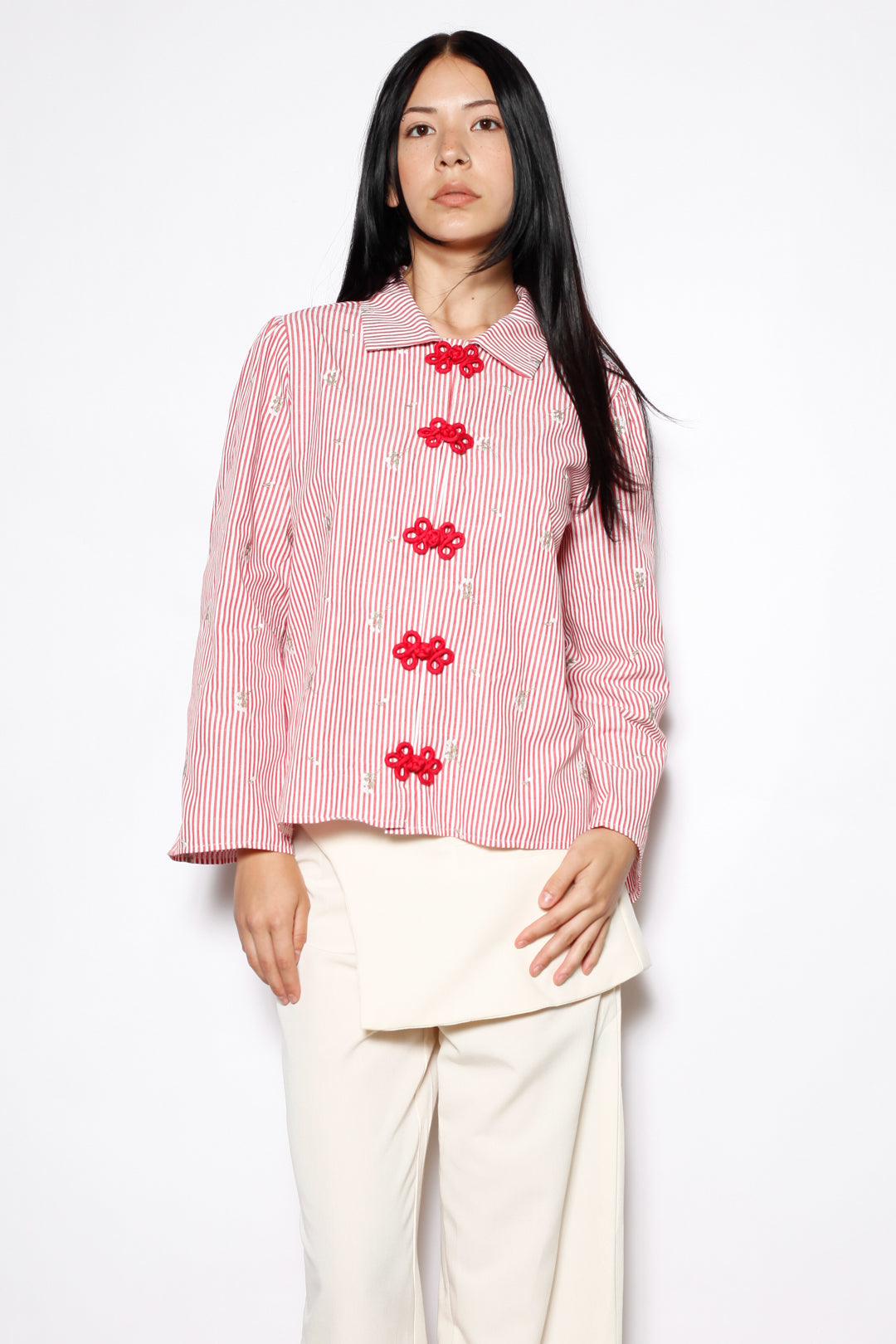 Red Stripe Embroidered Cotton Frog Closure Shirt
