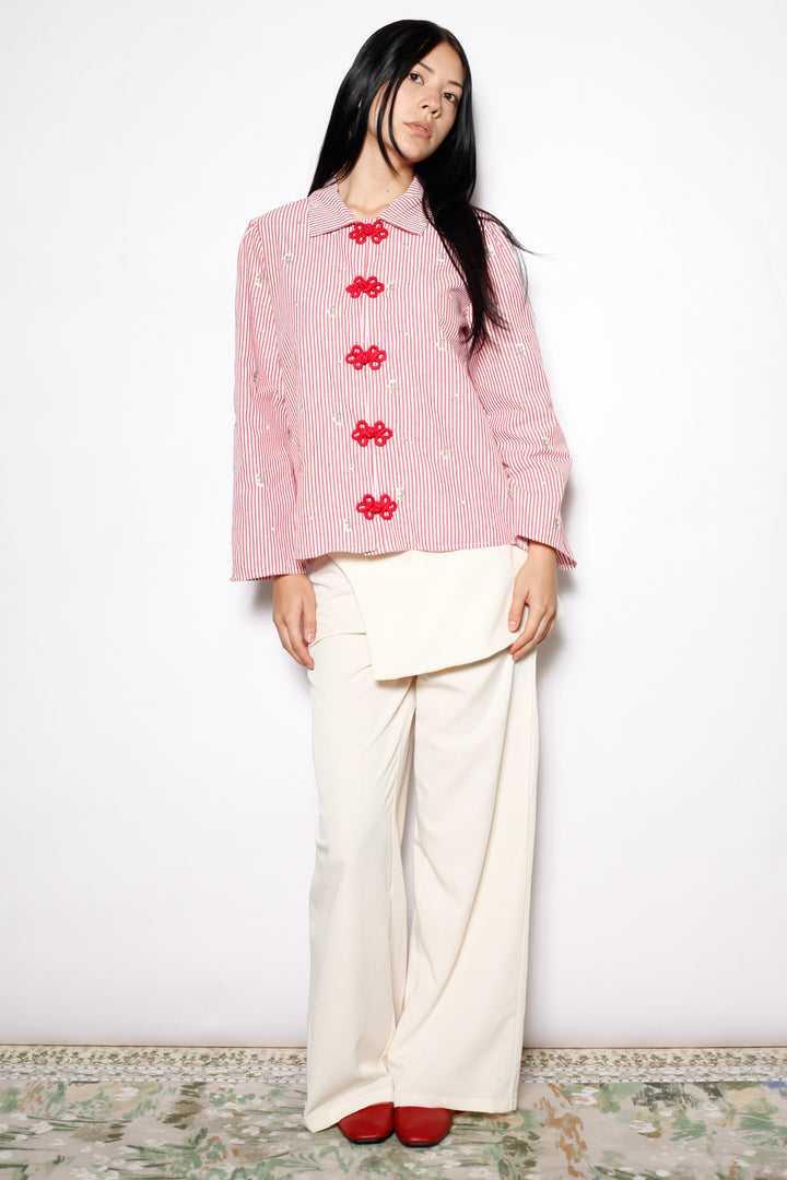 Red Stripe Embroidered Cotton Frog Closure Shirt
