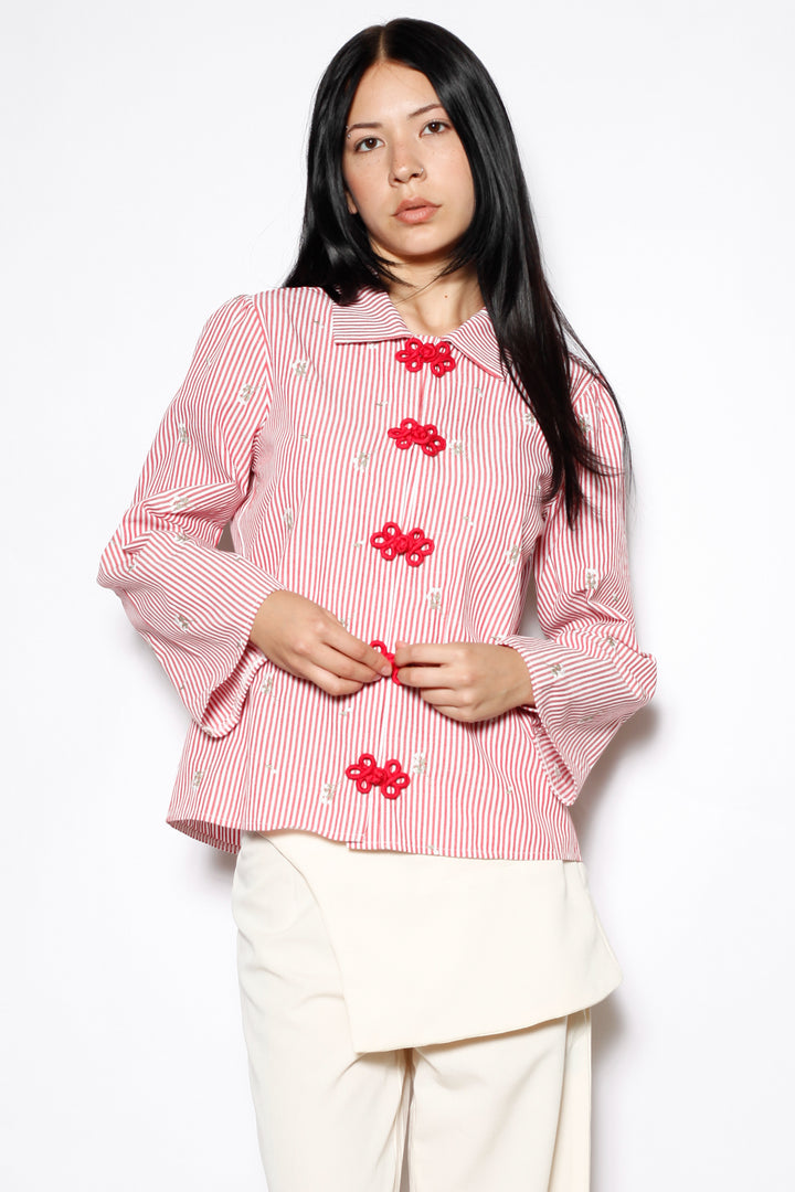 Red Stripe Embroidered Cotton Frog Closure Shirt