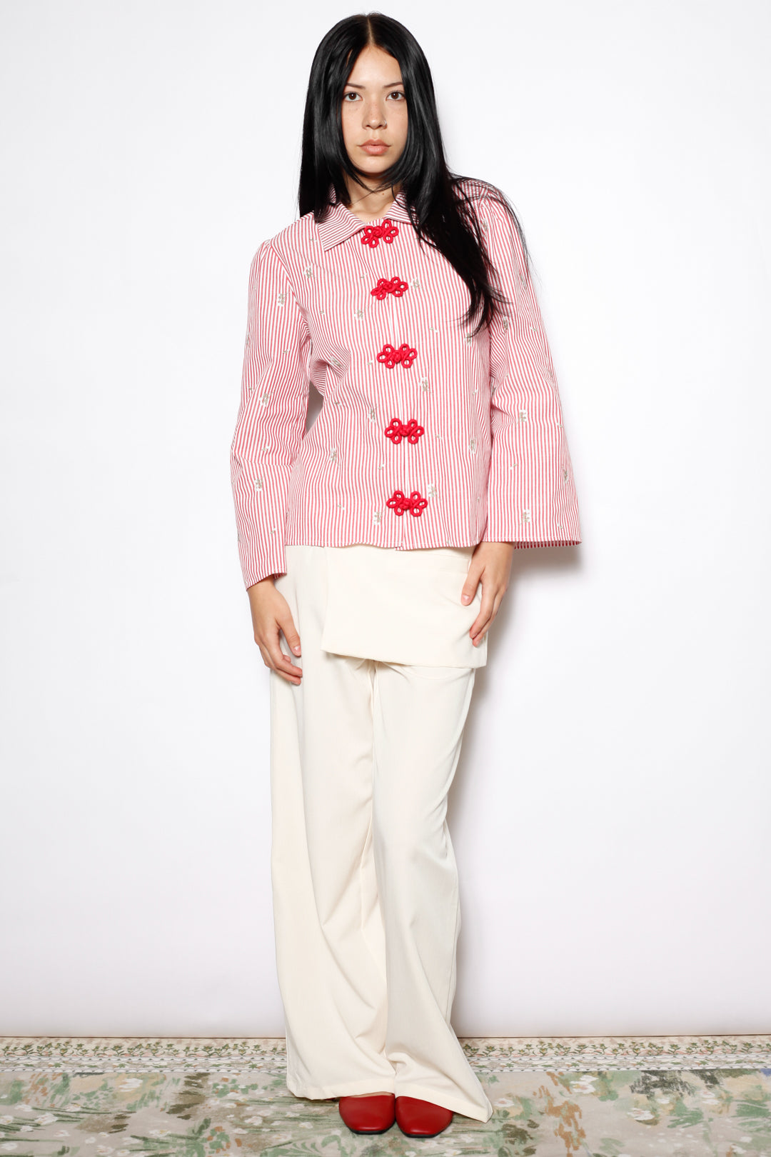 Red Stripe Embroidered Cotton Frog Closure Shirt