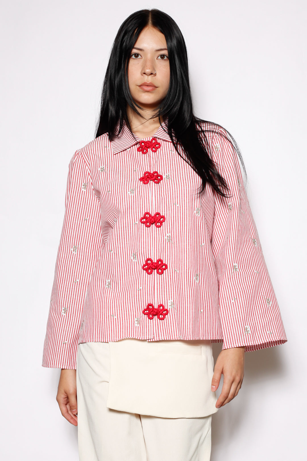 Red Stripe Embroidered Cotton Frog Closure Shirt