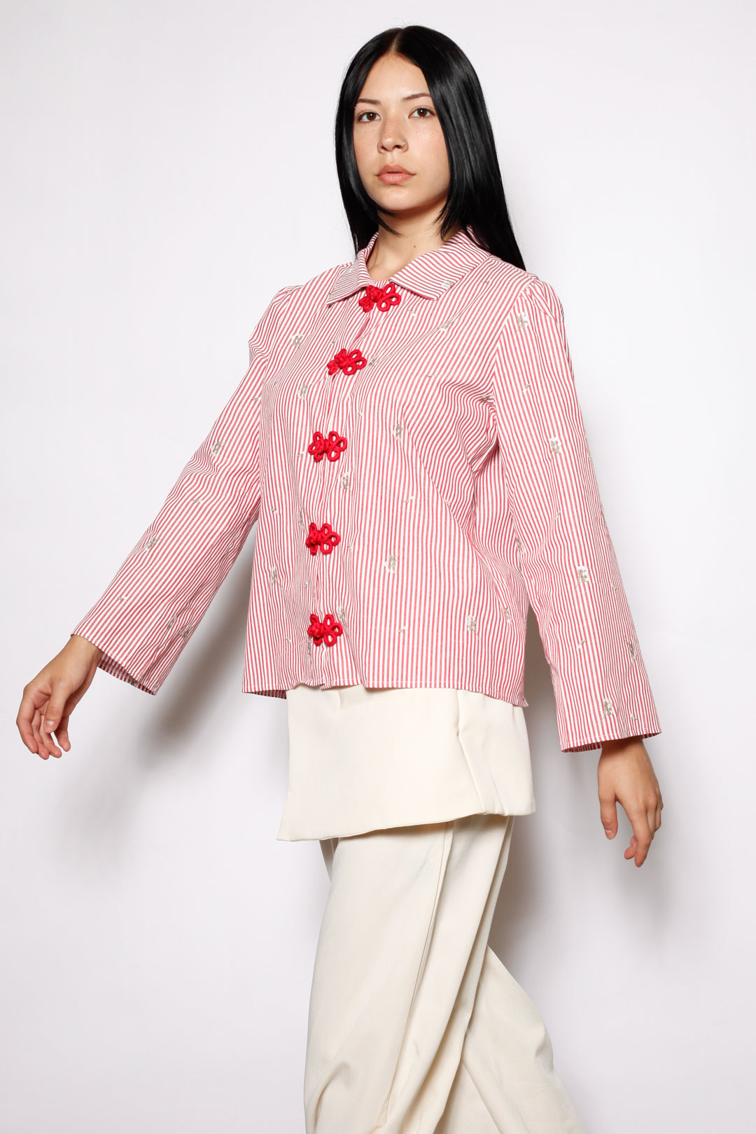 Red Stripe Embroidered Cotton Frog Closure Shirt