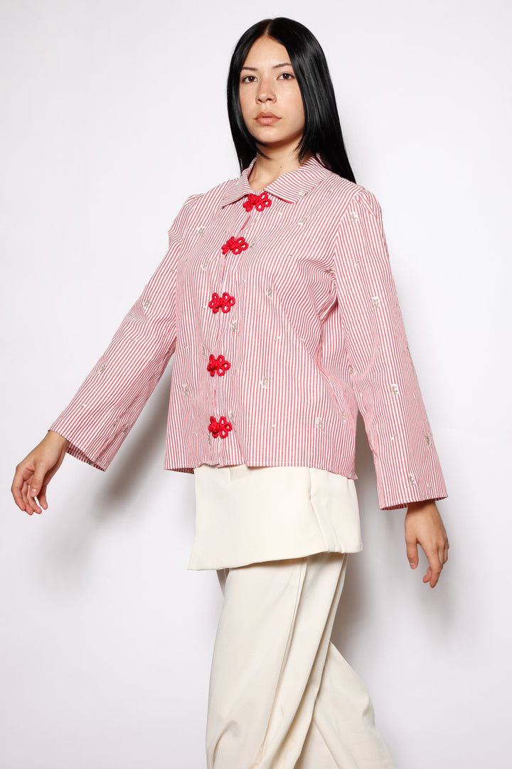 Red Stripe Embroidered Cotton Frog Closure Shirt