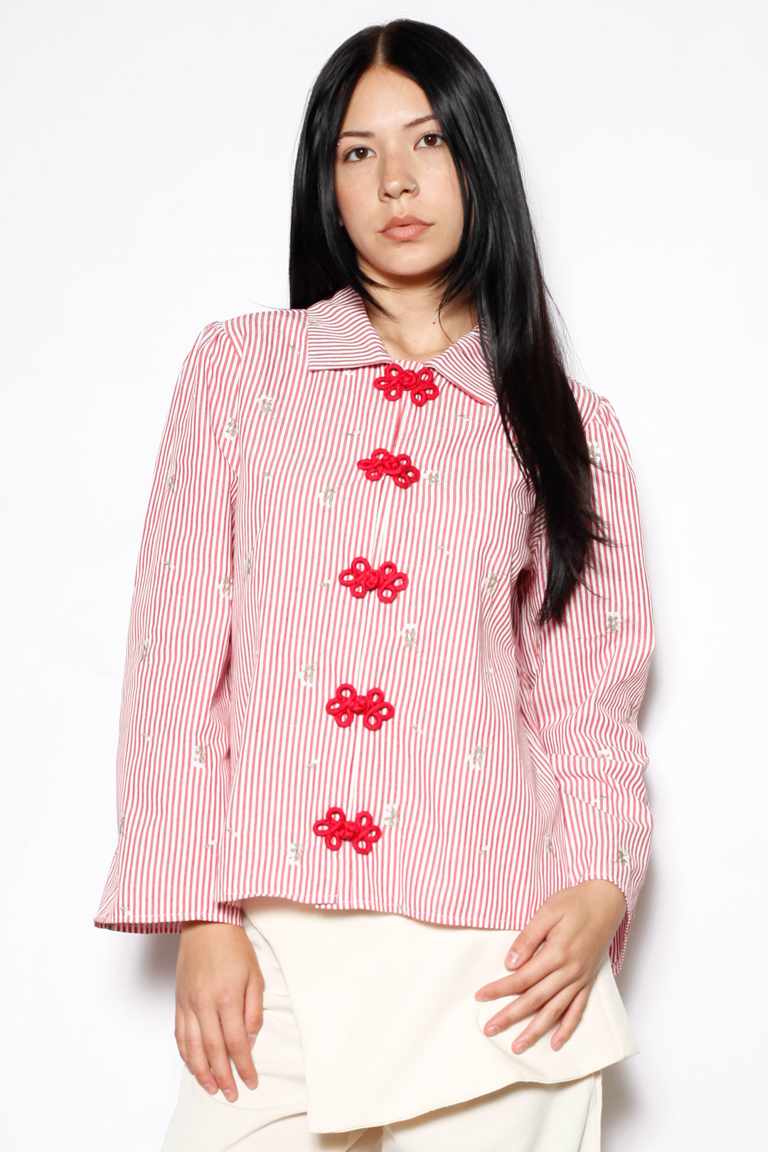 Red Stripe Embroidered Cotton Frog Closure Shirt