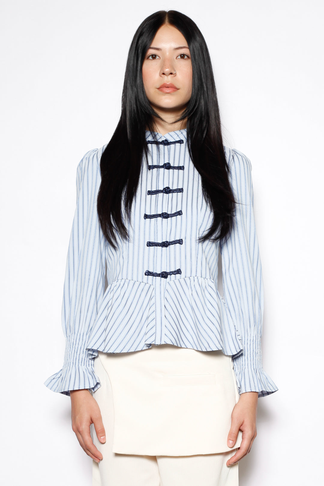 Blue Stripe Cotton Peplum Frog Closure Shirt