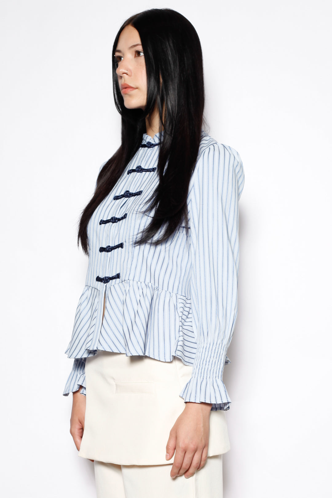 Blue Stripe Cotton Peplum Frog Closure Shirt