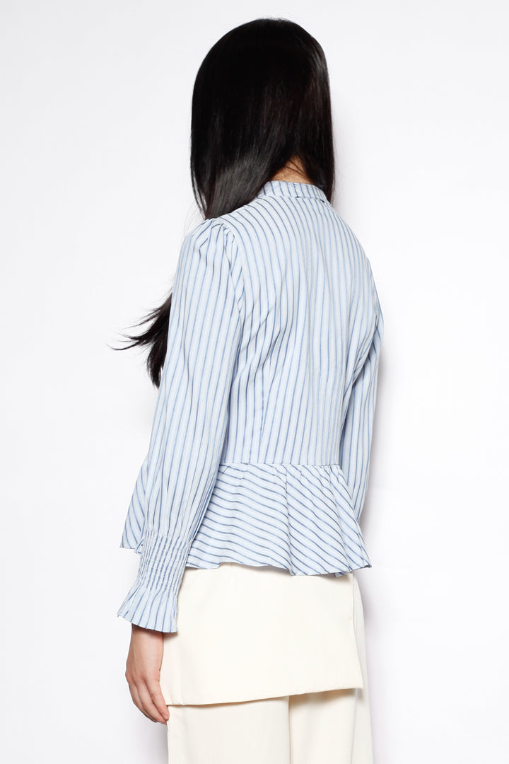 Blue Stripe Cotton Peplum Frog Closure Shirt